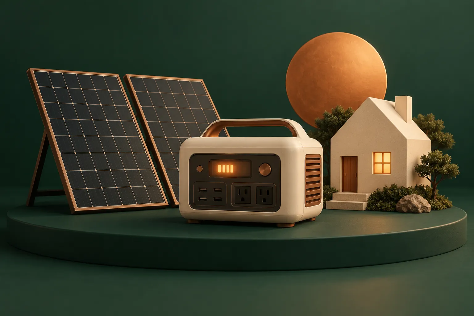Concept illustration of a backup battery, solar panels and a warmly lit home